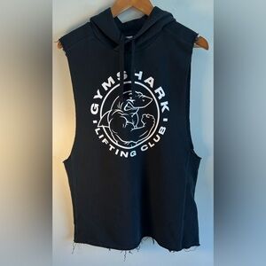 Gym Shark Mens Legacy Drop Arm Hoodie Size L Cotton Blend Sleeveless Frayed EUC